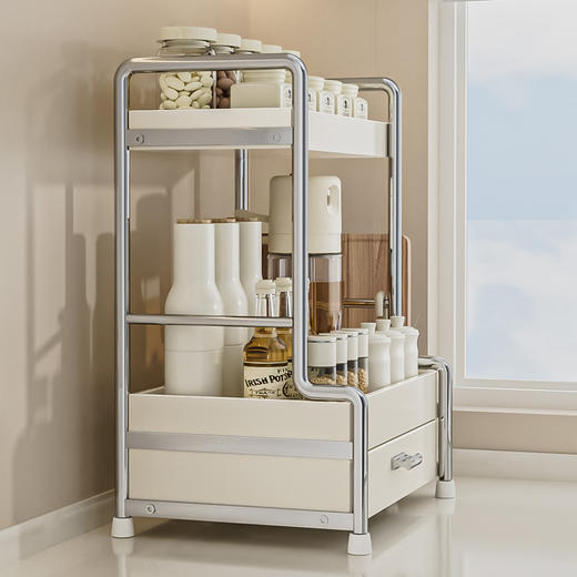 【调料架】小号单层、小号双层、大号单层、大号双层，1.抽屉收纳 储物收纳一体化2.防跌落设计 防止物品掉落3.精选碳钢材质 品质保障 商品图3