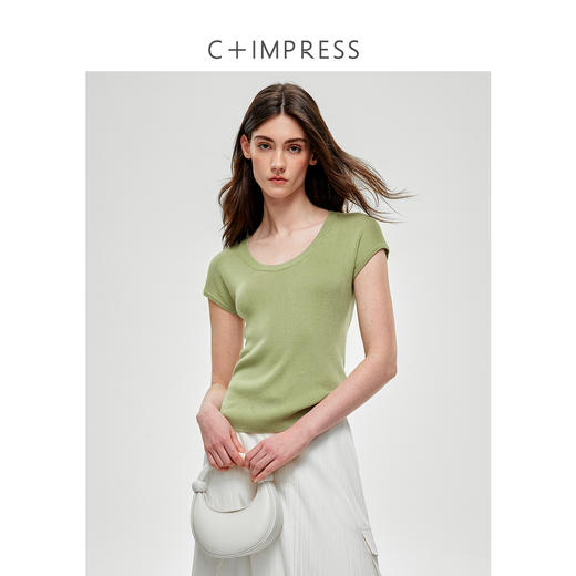 C+IMPRESS/西嘉三醋酸天丝羊毛 秒变气质精 大U领显瘦针织短袖T恤T2502042
 商品图0