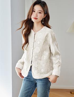白玉兰香雅韵东方棉麻重工珠片绣小香风外套开衫外套
