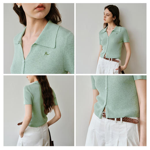 OLrain欧芮儿绿色POLO领简约通勤毛针织套头衫夏季2025新款女上衣 商品图1