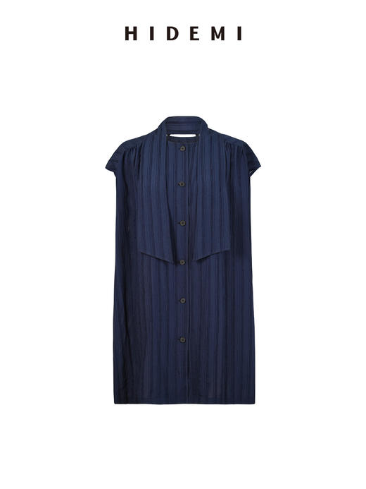 HIDEMI海军藏蓝极简围巾设计感纽扣廓形小飞袖中长款衬衫 商品图4