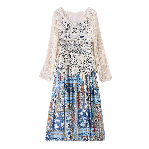 波西米亚复古度假吊带长裙套装女2025夏季防晒镂空罩衫超仙两件套HR-MYL2522 商品图4