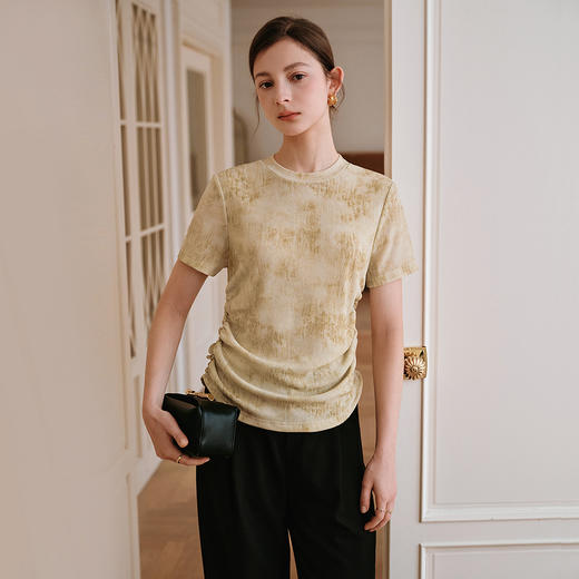 OLrain欧芮儿2025年夏季新款设计感网纱T恤圆领浪漫印花显瘦上衣 商品图0