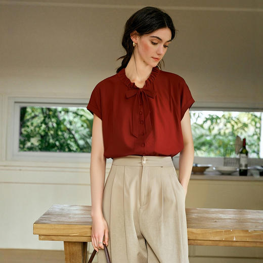 OLrain欧芮儿复古红色褶皱系带短袖衬衫女夏季2025年新款直筒上衣 商品图3