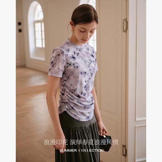 OLrain欧芮儿网纱浪漫印花T恤女夏2025新款气质收腰褶皱紫色上衣 商品图0