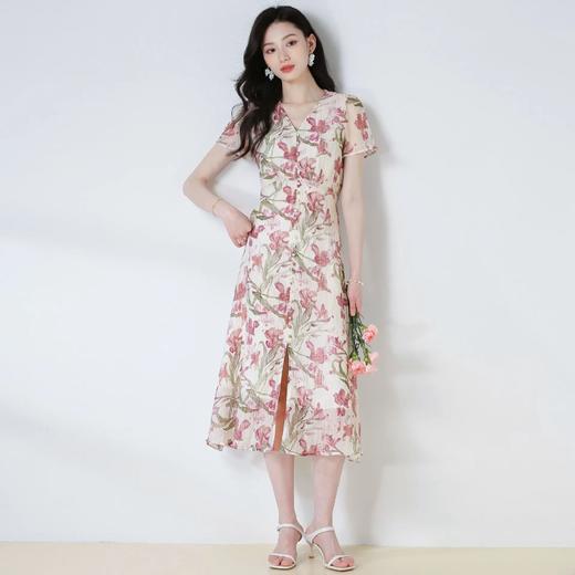 【高货sh】全新升级【铂金会员220/天猫299/差价79】(91412) 洛诗琳天丝印花茶歇裙25法式优雅V领气质收腰鸢尾花连衣裙 商品图3