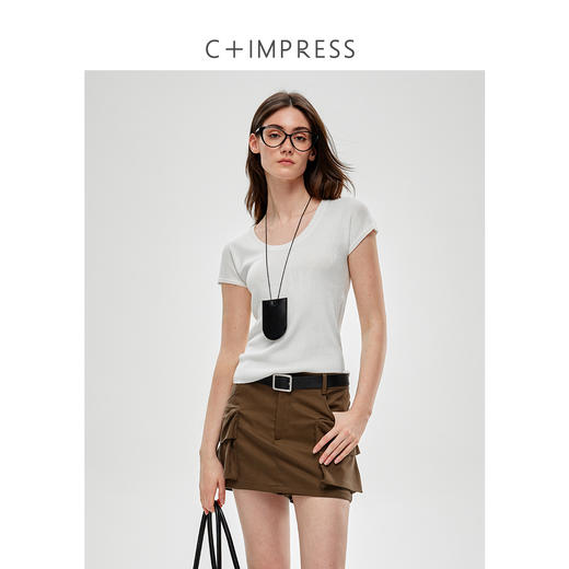 C+IMPRESS/西嘉三醋酸天丝羊毛 秒变气质精 大U领显瘦针织短袖T恤T2502042
 商品图4