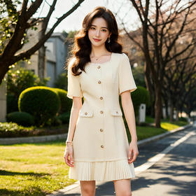 奢姿大码女装2025夏季纽扣装饰时尚连衣裙胖妹妹百褶小香风裙子9952890352