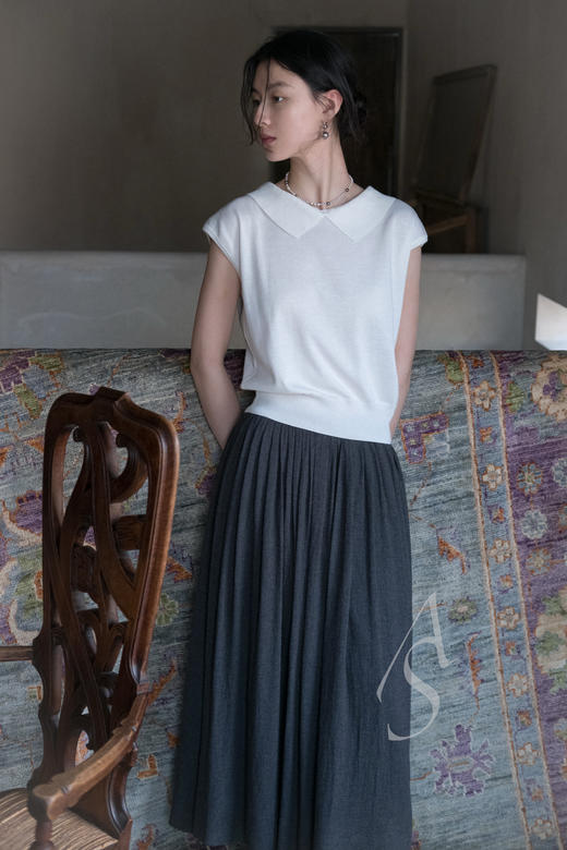 Margaret Howell  海蓝色/白色意大利棉麻翻领针织上衣 商品图9