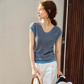 OLrain欧芮儿拼接灰色针织衫女夏季2025新款V领设计修身显瘦上衣