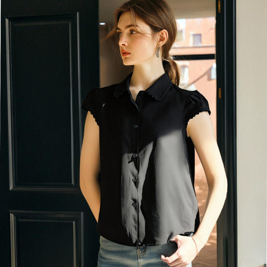 OLrain欧芮儿黑色短袖知性衬衫女夏季2025新款飞飞袖设计直筒上衣 商品图3