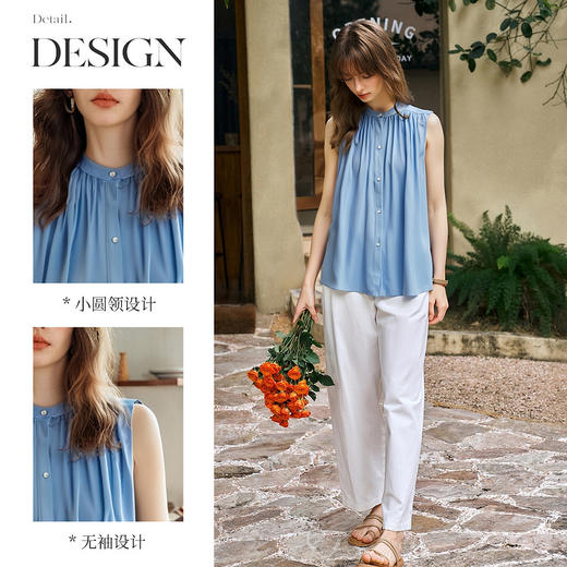 OLrain欧芮儿蓝色宽松慵懒风衬衫女夏季2025新款小圆领无袖上衣 商品图1