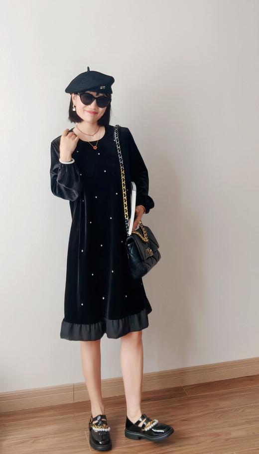 高矮胖瘦通吃重工钉钻丝绒拼接荷叶边连衣裙 商品图3