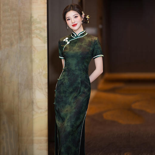 双层八扣国风新中式长款改良旗袍2025新款女复古修身短袖演出走秀旗袍ZA&WZY9336 商品图3