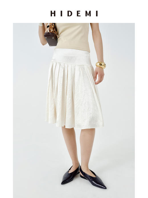 HIDEMI 极简设计感珠光艺术感进口再生醋酯纤维纱线拼接百褶显瘦半身裙 白珍珠/黑珍珠 商品图2
