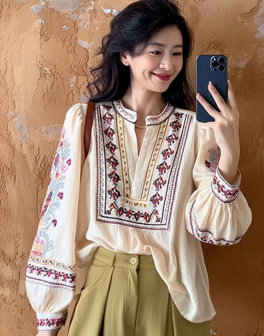 b@sh法式印花V领民族风棉亚麻混纺衬衫040803 商品图5