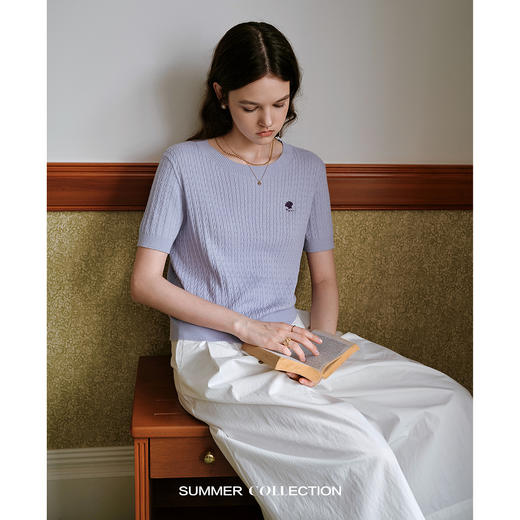 OLrain欧芮儿紫色法式通勤毛针织套头衫夏季2025新款修身短袖上衣 商品图0