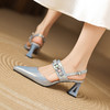 【预售5天】法式复古尖头高跟凉鞋女夏季新款真皮粗跟一字带水钻后空包头凉鞋LD&7342 商品缩略图0