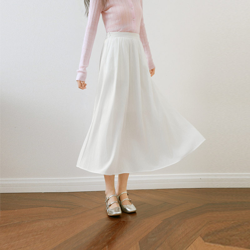 【严选】诗凡黎气质飘逸白色半身裙25夏新款高腰a字显瘦中长小个子百褶裙7G4240161