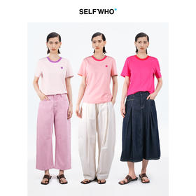 【笑脸衣橱】SELFWHO笑脸衣橱精梳棉撞色短袖T恤女2025夏新款宽松圆领落肩上衣