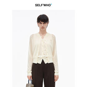 【笑脸衣橱】SELFWHO亚麻混纺圆弧领针织开衫女2025夏薄款透气纸片人毛衣外套