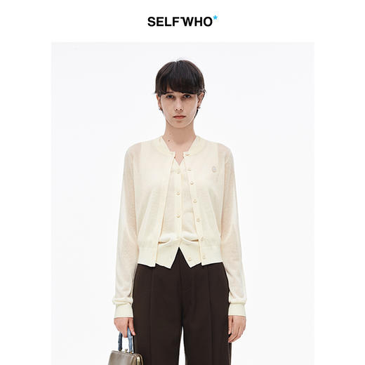 【笑脸衣橱】SELFWHO亚麻混纺圆弧领针织开衫女2025夏薄款透气纸片人毛衣外套 商品图0