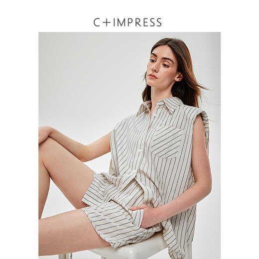 C+IMPRESS/西嘉天丝醋酸亚麻混纺 懒人B入无袖衬衫短裤套装女夏季CS2502032 商品图2