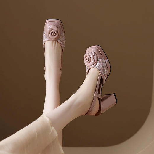 【预售5天】包头厚底花朵仙女凉鞋女真皮新款夏季拼色高跟粗跟百搭罗马鞋KMN&T12 商品图2