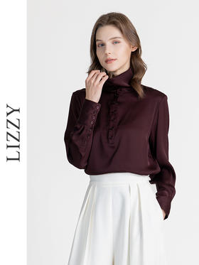 LIZZY早秋优雅名媛气质桑蚕丝纯色长袖立领衬衫8149