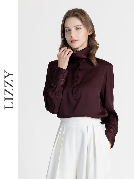 LIZZY早秋优雅名媛气质桑蚕丝纯色长袖立领衬衫8149 商品图0