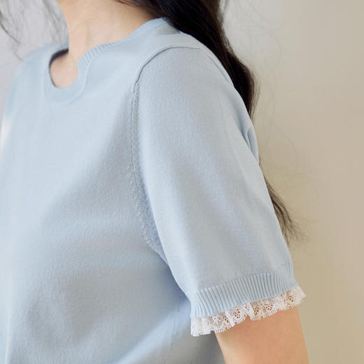 【严选】诗凡黎圆领花边针织衫2025夏新款时尚设计感温柔漂亮套头衫女7G4231881 商品图3