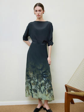 【渐变印花真丝连衣裙】25年春夏新款女士100%桑蚕丝连衣裙系带收腰裙子