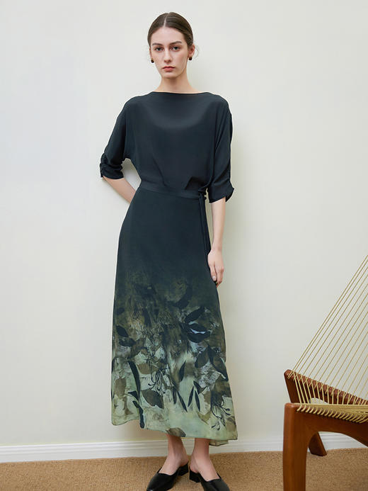 【渐变印花真丝连衣裙】25年春夏新款女士100%桑蚕丝连衣裙系带收腰裙子 商品图0