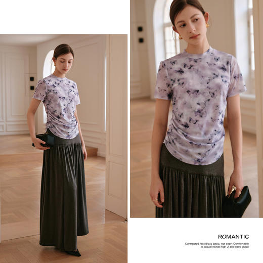 OLrain欧芮儿网纱浪漫印花T恤女夏2025新款气质收腰褶皱紫色上衣 商品图1