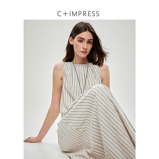 C+IMPRESS/西嘉醋酸亚麻 松弛感老钱风无袖连衣裙女条纹廓形a字裙LYQ2502008
 商品图1