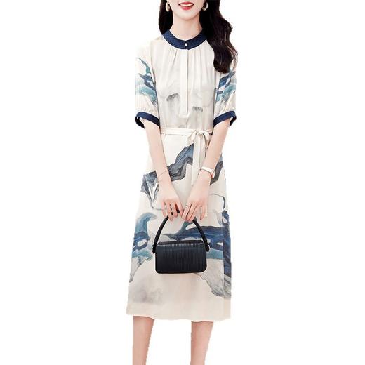 丁摩19姆米重磅斜纹绸真丝连衣裙女短袖大码印花系带桑蚕丝裙子AL9009 商品图4