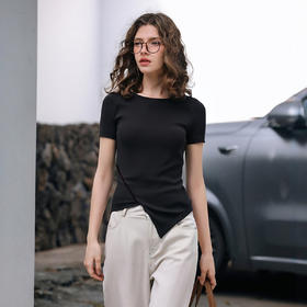 OLrain欧芮儿黑色不规则显瘦T恤女夏季2025年新款圆领小个子上衣