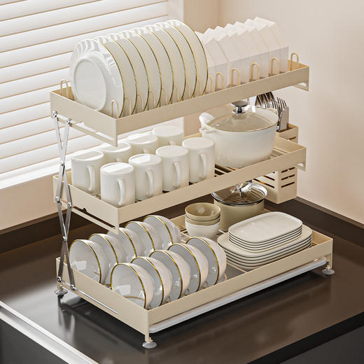 【碗碟架】1.多层设计 合理分区 2.底部配有防滑吸盘 稳固收纳碗碟 3.可折叠设计 折叠收纳 商品图7