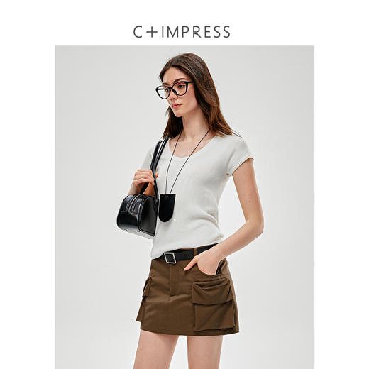 C+IMPRESS/西嘉三醋酸天丝羊毛 秒变气质精 大U领显瘦针织短袖T恤T2502042
 商品图1