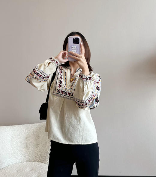 b@sh法式印花V领民族风棉亚麻混纺衬衫040803 商品图6