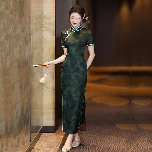 双层八扣国风新中式长款改良旗袍2025新款女复古修身短袖演出走秀旗袍ZA&WZY9336 商品图2