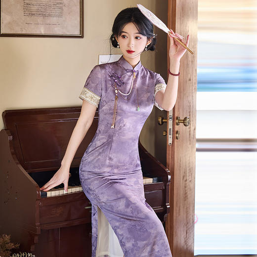 紫色送考中式绝美长款改良旗袍2025新款女复古修身短袖走秀春夏季旗袍ZA&SC20645 商品图0