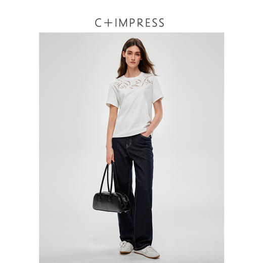 C+IMPRESS/西嘉长绒棉 镂空刺绣圆领T恤女夏新款简约百搭短袖上衣T2502049 商品图2