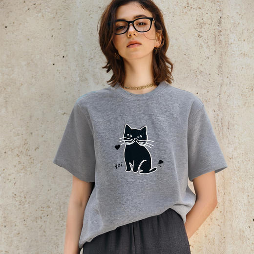 OLrain欧芮儿灰色猫咪印花百搭T恤女夏季2025新款休闲短袖上衣 商品图2