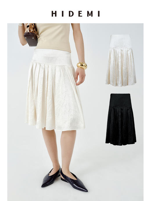 HIDEMI 极简设计感珠光艺术感进口再生醋酯纤维纱线拼接百褶显瘦半身裙 白珍珠/黑珍珠 商品图0
