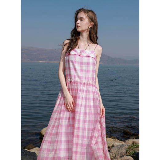 三彩2025夏季新款格纹吊带裙莱赛尔连衣裙收腰A字裙长裙甜美M 商品图1