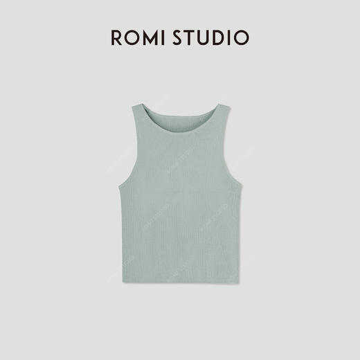ROMI STUDIO“随手穿”系列法式圆领修身细坑条灰绿色吊带背心M3714 商品图2