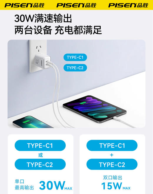品胜 明耀系列PD30W双C口充电器 Type-C双口充电头适用于苹果15/16 商品图4