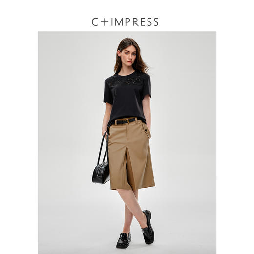 C+IMPRESS/西嘉长绒棉 镂空刺绣圆领T恤女夏新款简约百搭短袖上衣T2502049 商品图3