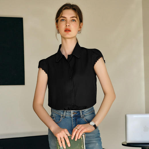OLrain欧芮儿黑色短袖知性衬衫女夏季2025新款飞飞袖设计直筒上衣 商品图2